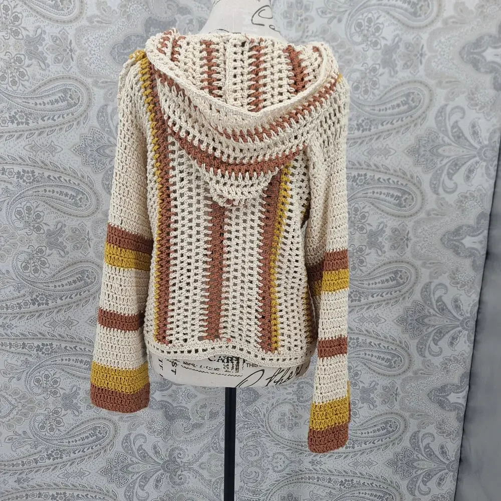 Mora Crochet flare sleeve handcrafted hoodie sweater Sz OS Surfer Granola Girl - Picture 2 of 9